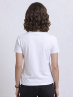 back view of woman wearing t-shirt whose colour is White