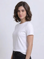 side view of woman wearing t-shirt whose colour is White