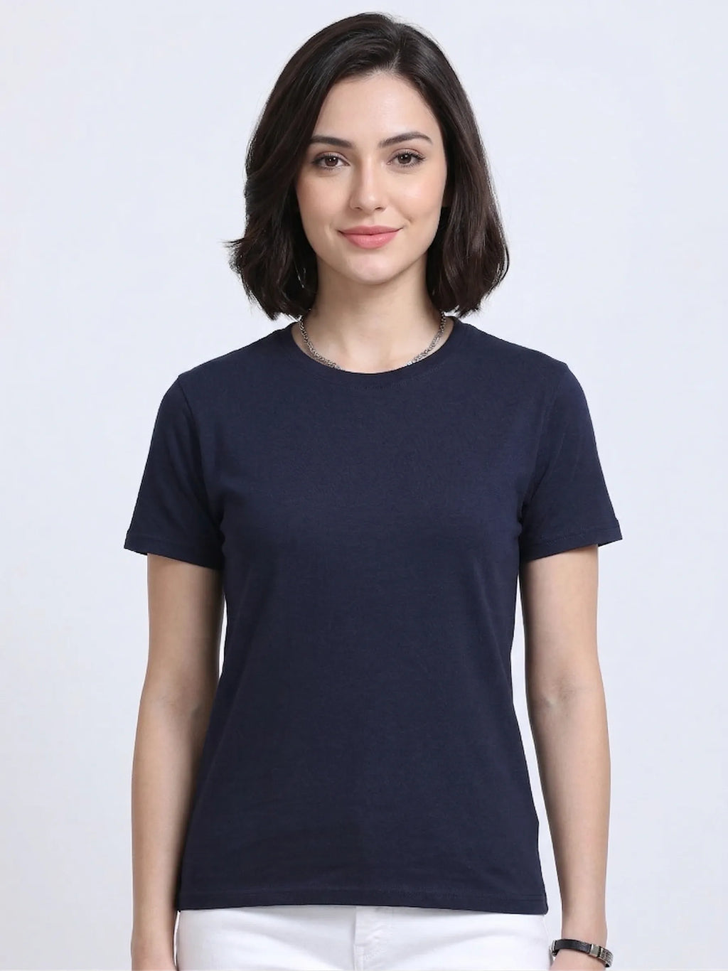 Woman wearing a t-shirt with front view in  Navy Blue  