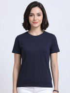 Woman wearing a t-shirt with front view in  Navy Blue  