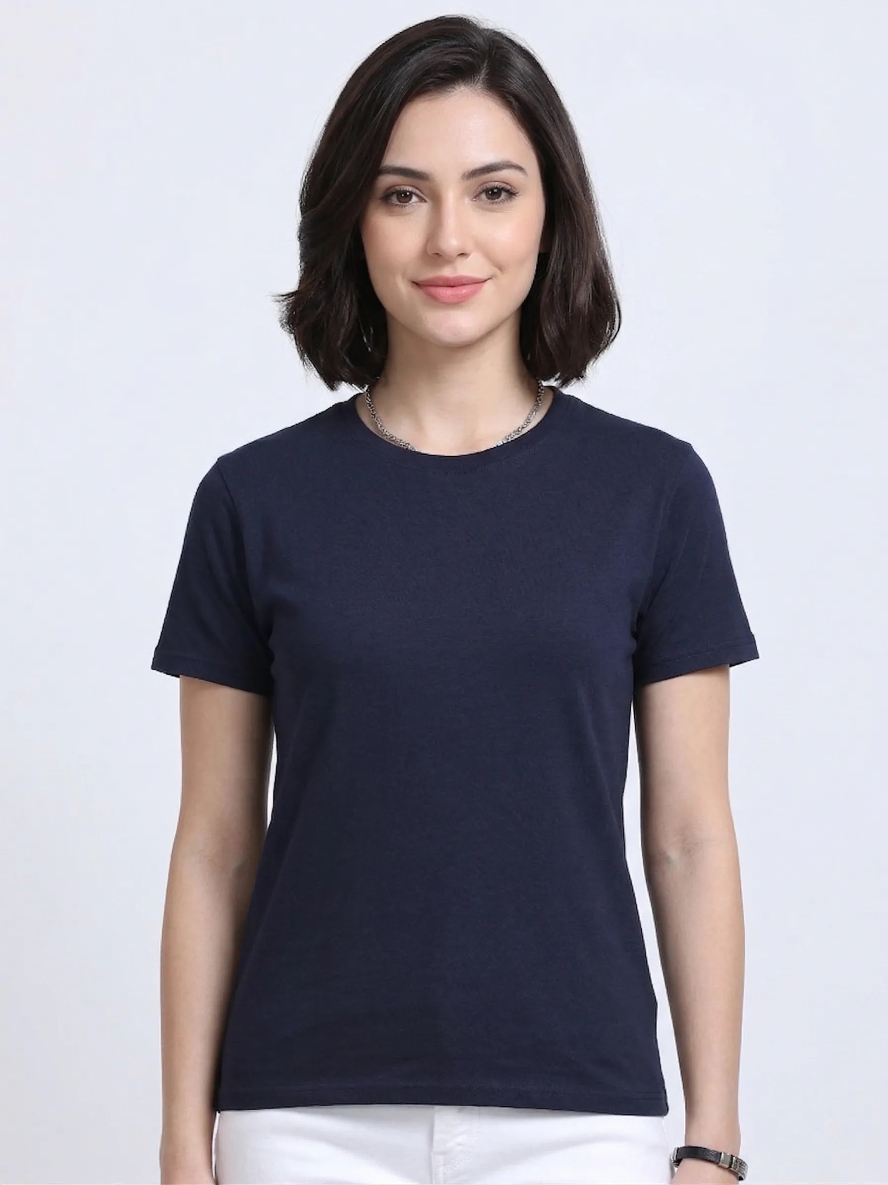 Woman wearing a t-shirt with front view in  Navy Blue  