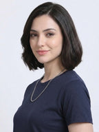 Woman wearing a t-shirt with side  view in  navy blue 