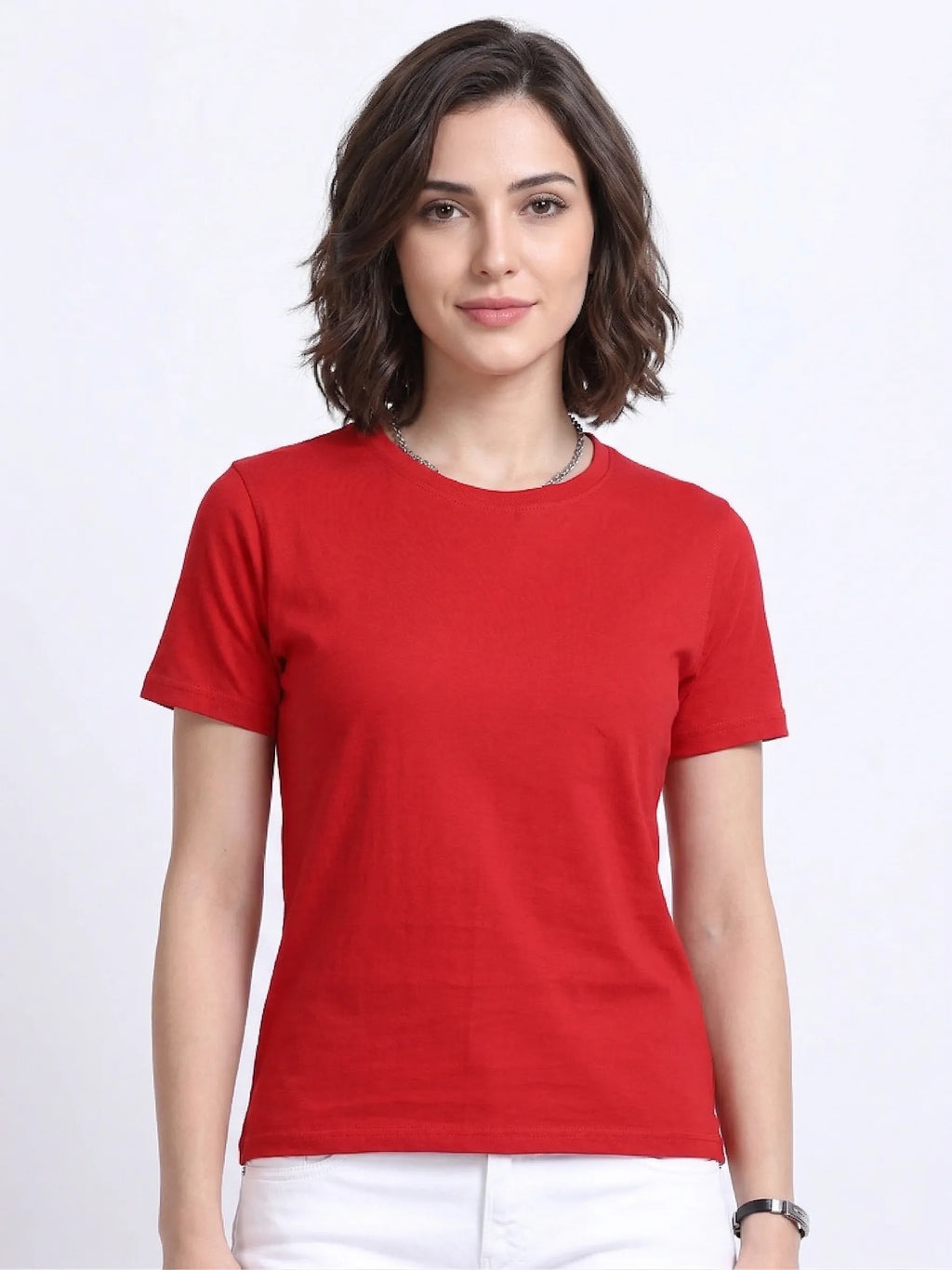 Woman wearing a red t-shirt 
