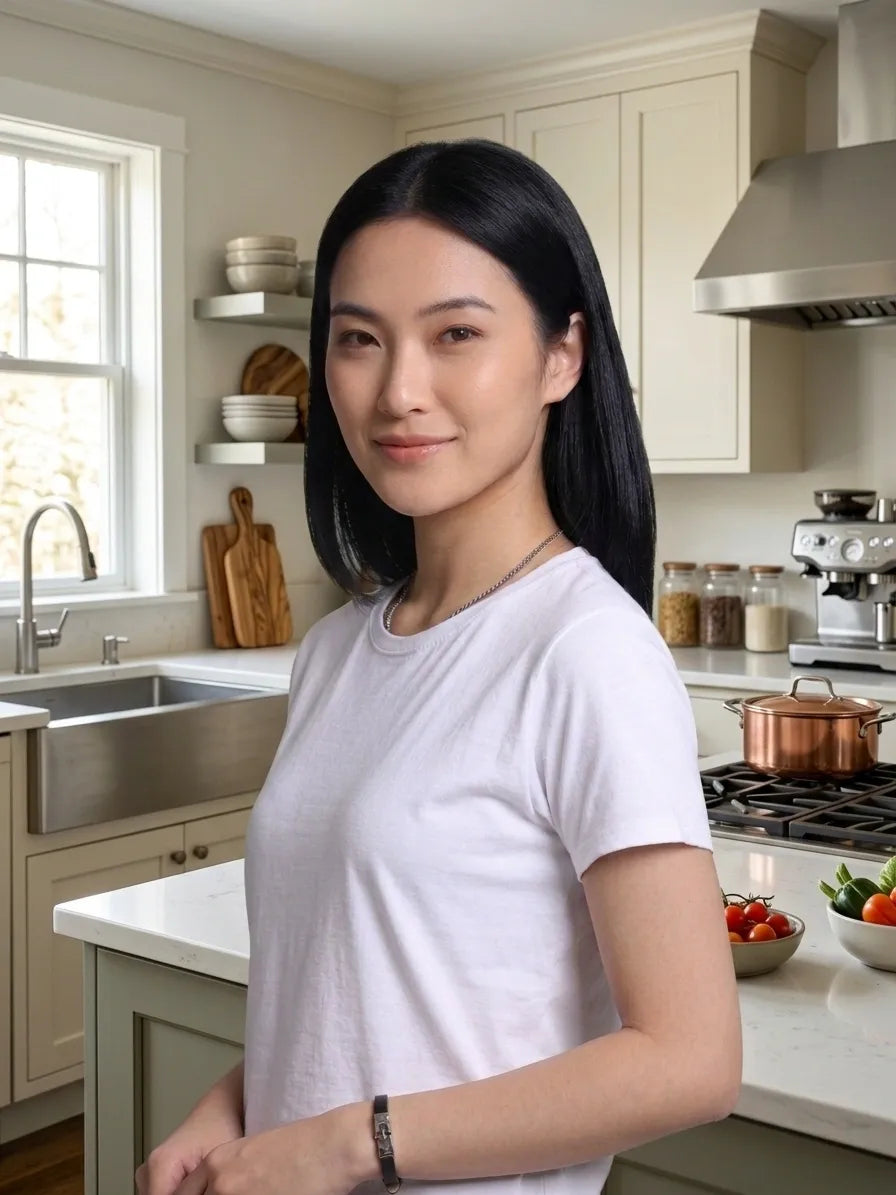 Woman standing in a kitchen wearing a white t-shirt