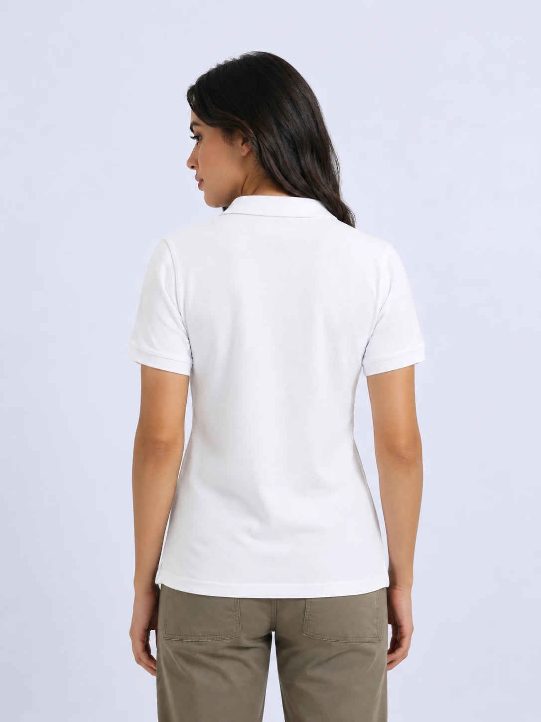 back view of women Wearing  organic cotton polo t-shirt white