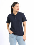 photo view of women Wearing  organic cotton polo t-shirt navy blue
