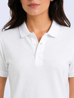 close view of women Wearing  organic cotton polo t-shirt white