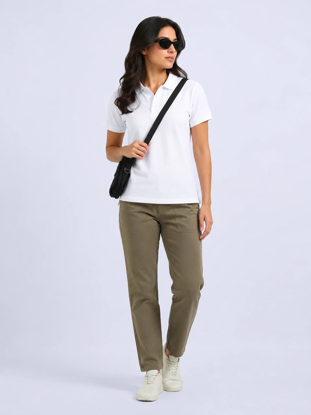 photo view of women Wearing  organic cotton polo t-shirt white