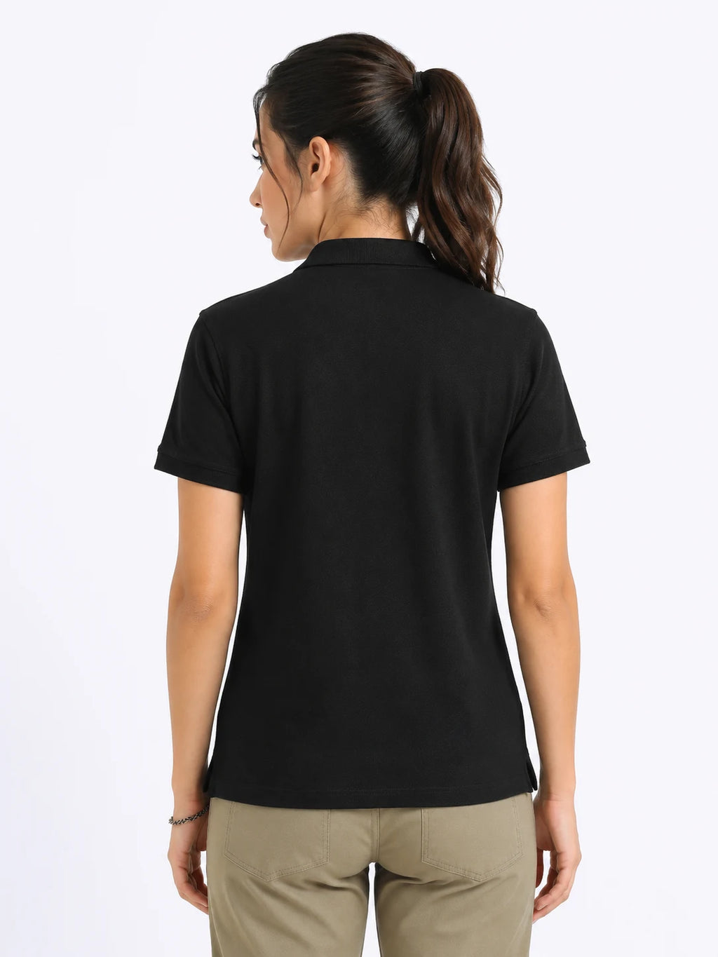 back view of women Wearing  organic cotton polo t-shirt black 