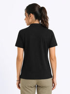 back view of women Wearing  organic cotton polo t-shirt black 
