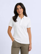 front view of women Wearing  organic cotton polo t-shirt white
