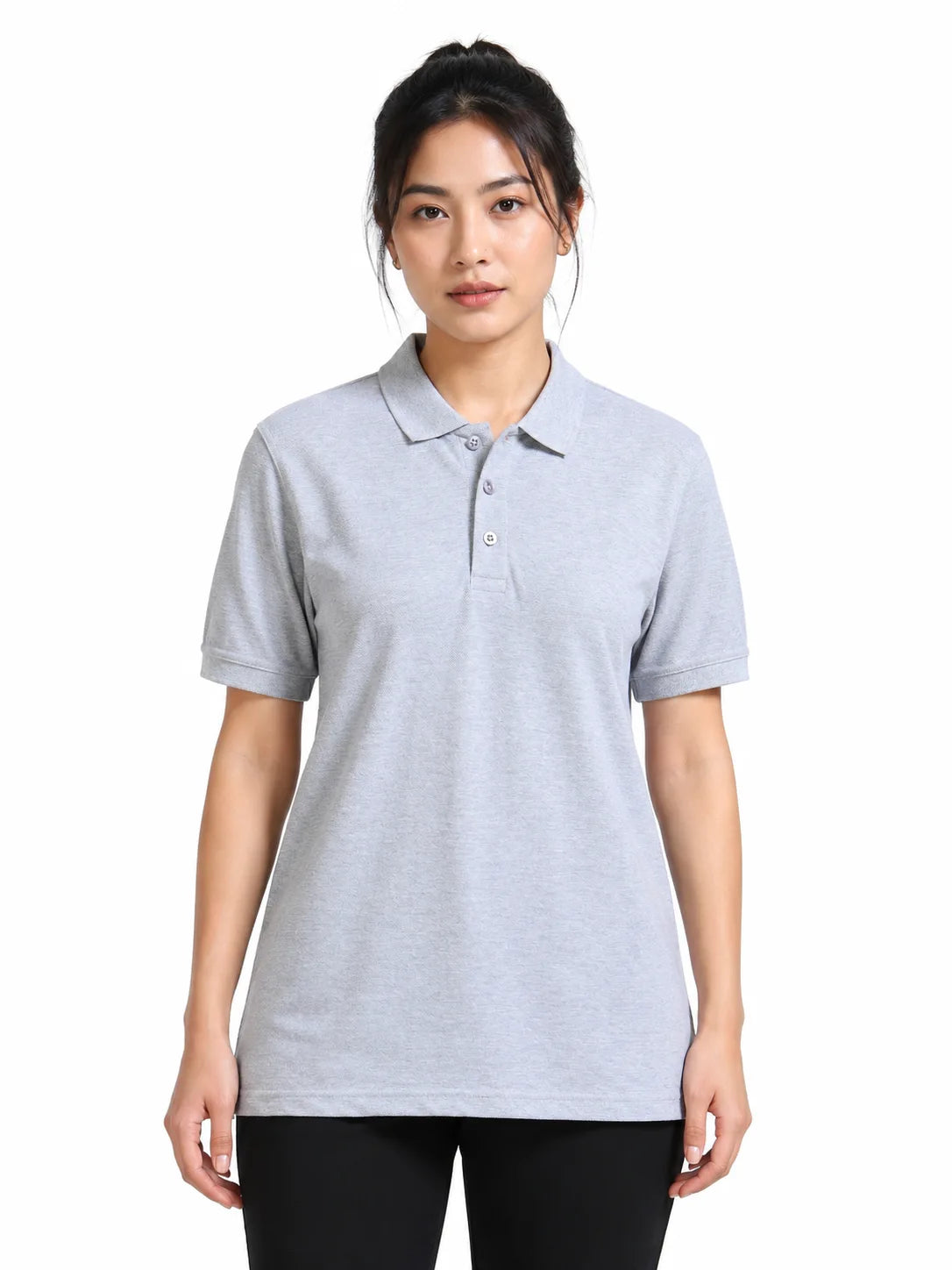 front view of women Wearing  organic cotton polo t-shirt Grey Melange .