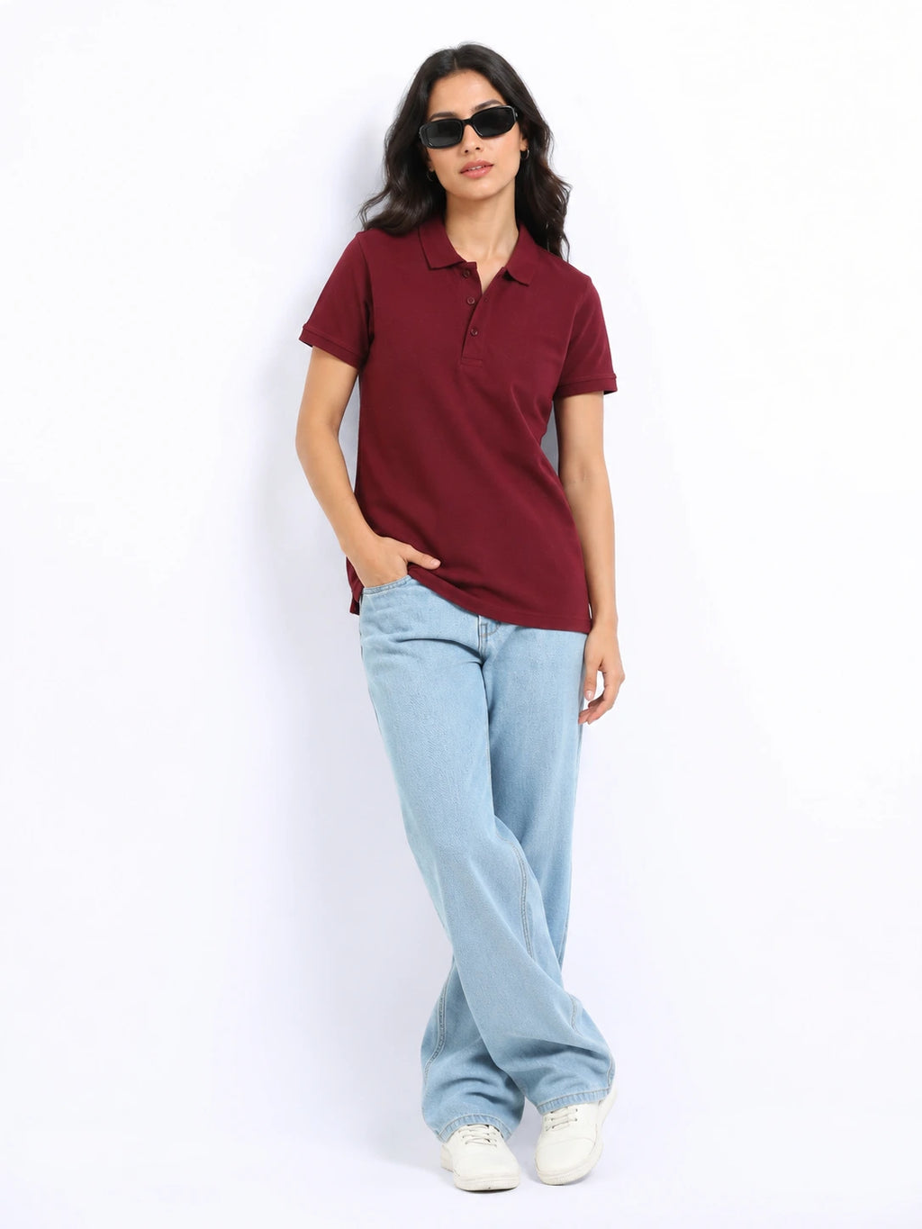 front view of women Wearing  organic cotton polo t-shirt Maroon