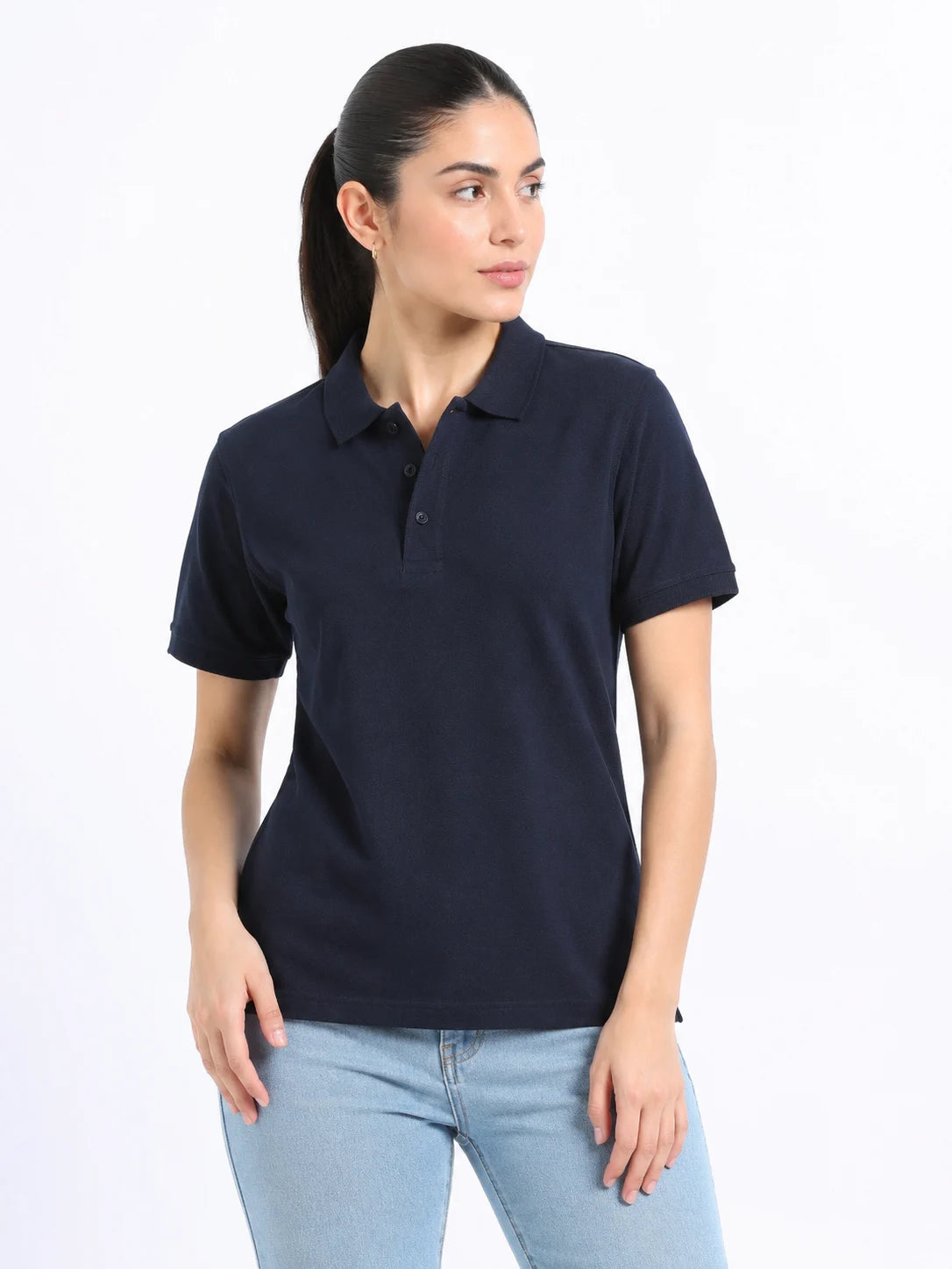 front view of women Wearing  organic cotton polo t-shirt navy blue