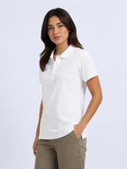 side view of women Wearing  organic cotton polo t-shirt white