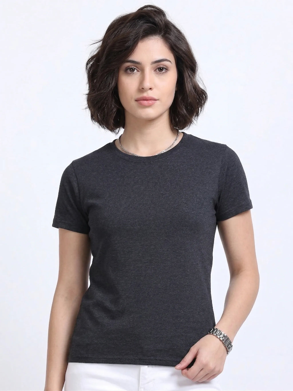 front view of woman wearing t-shirt whose colour is Charcoal 