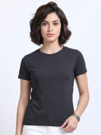 front view of woman wearing t-shirt whose colour is Charcoal 